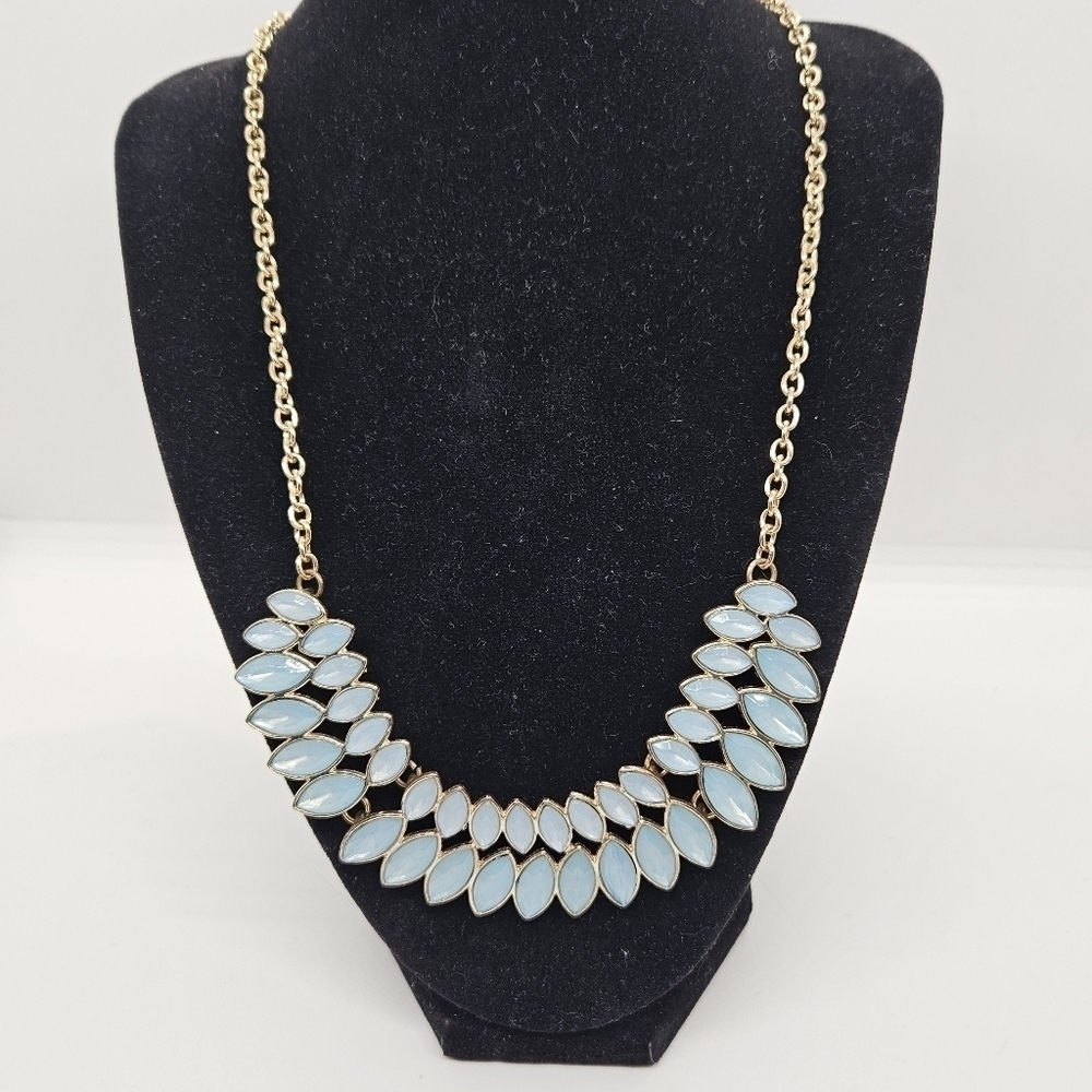 Charming Charlie light blue and gold tone bib statement necklace